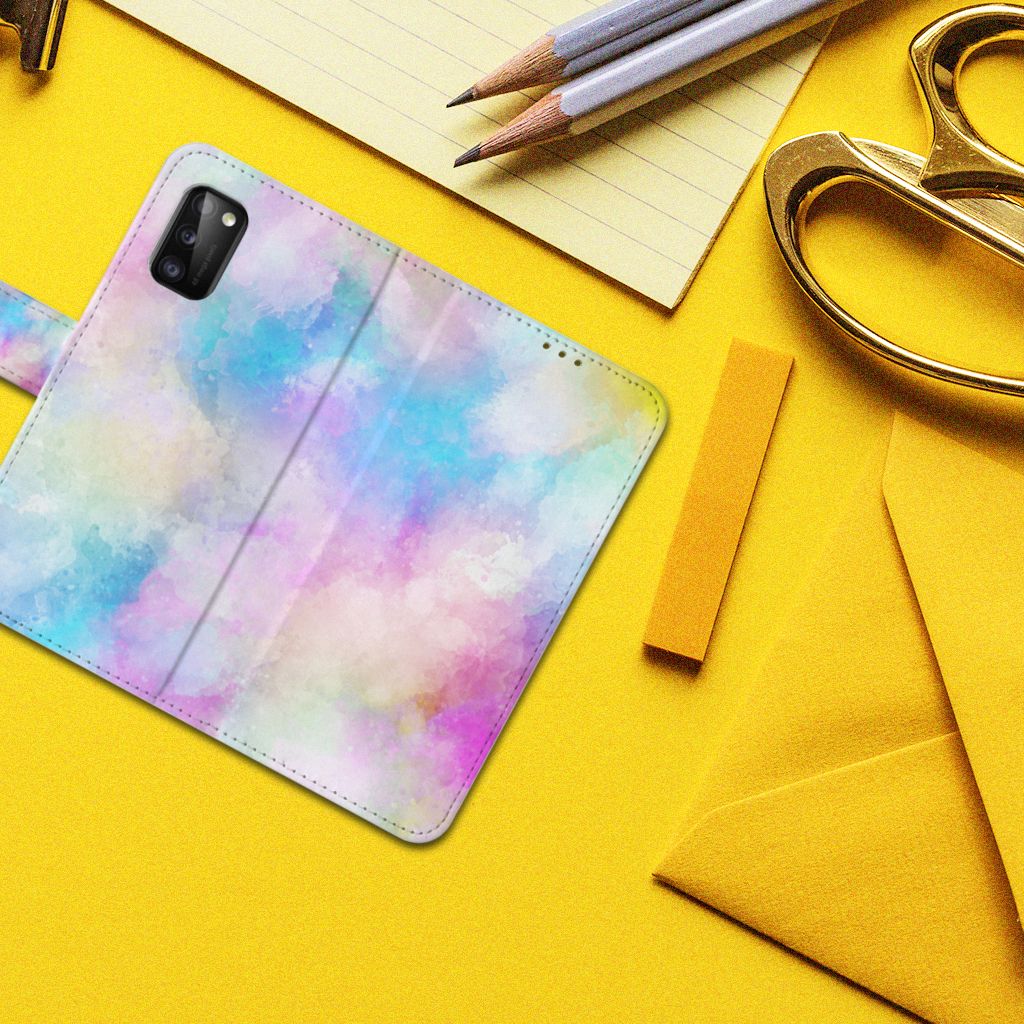 Hoesje Samsung Galaxy A41 Watercolor Light met kleurrijk pastelontwerp op gele achtergrond.