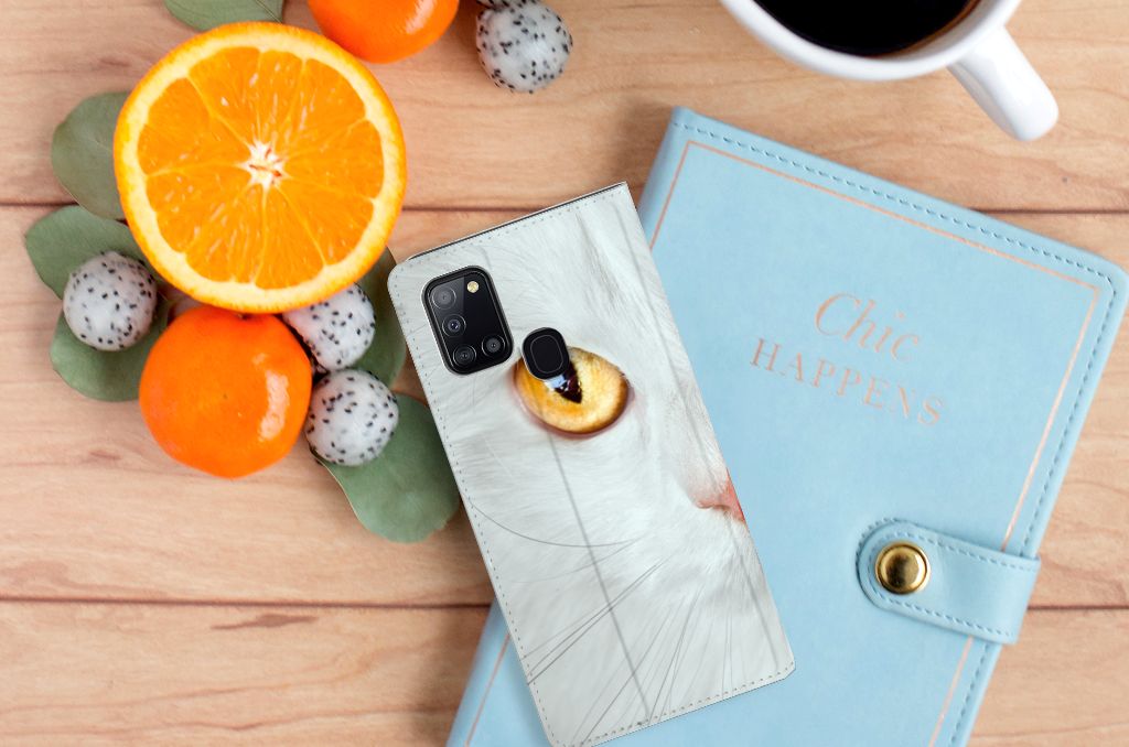 Samsung Galaxy A21s Hoesje maken Witte Kat - B2C Telecom