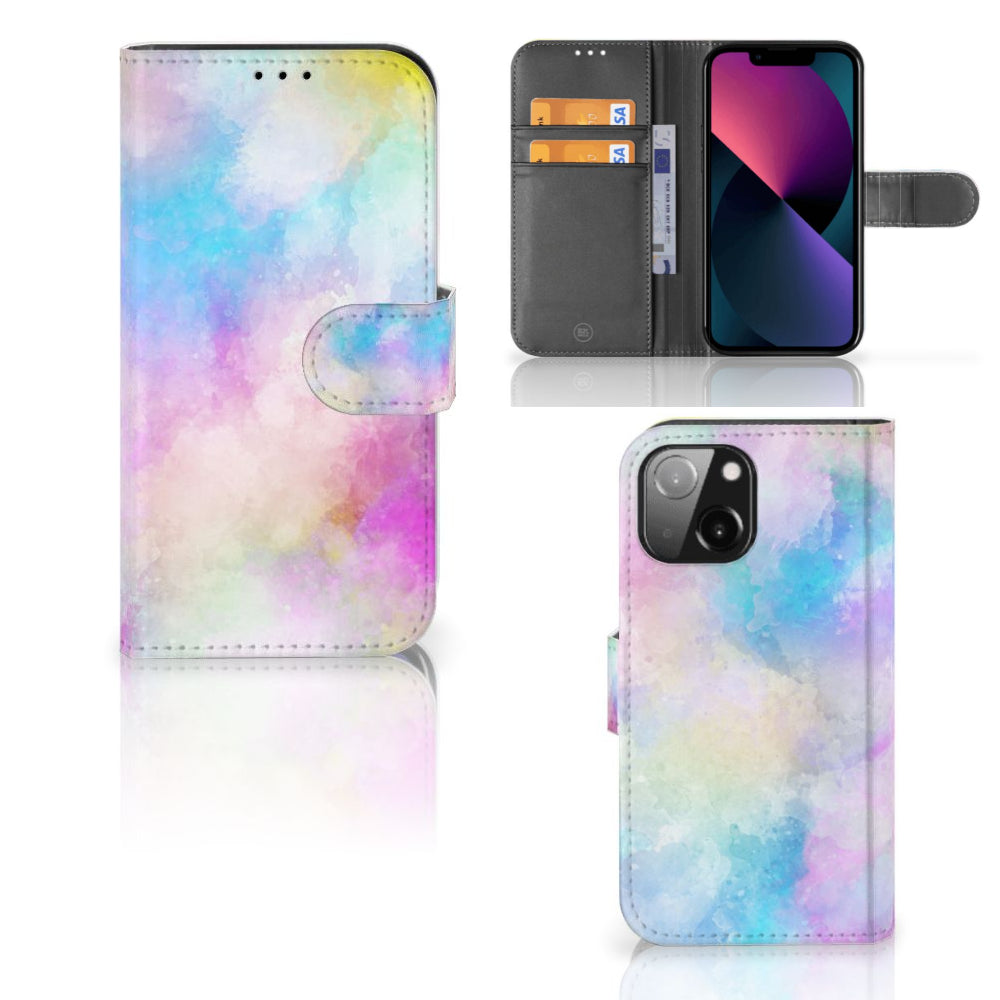 Hoesje iPhone 13 Mini Watercolor Light met pastelkleuren en pasjeshouder.