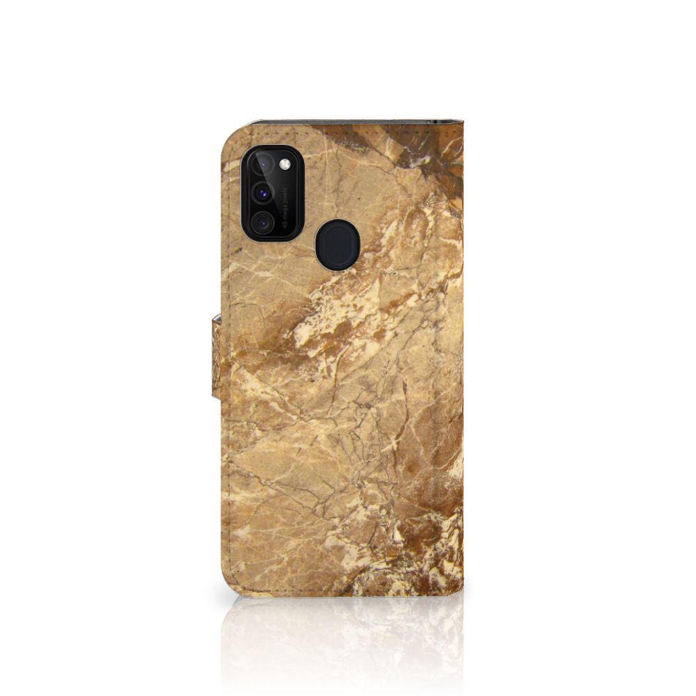 Samsung Galaxy M21 | M30s Bookcase Marmer Creme met luxe marmer ontwerp in bruin en goud.