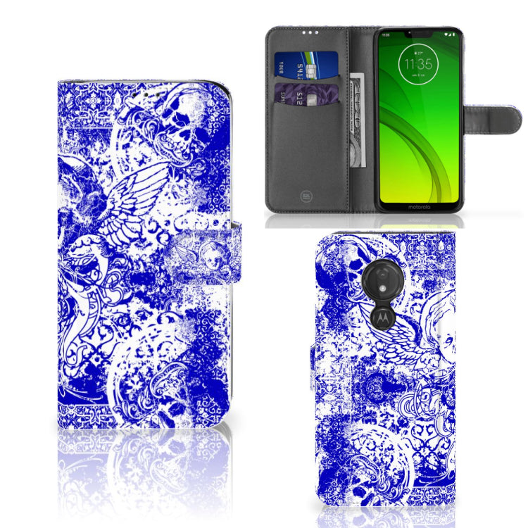 Telefoonhoesje met Naam Motorola Moto G7 Power Angel Skull Blauw