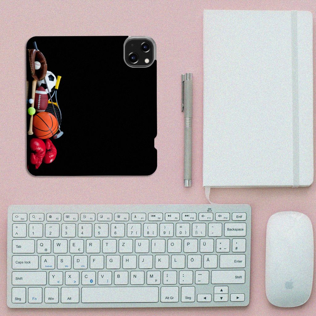 iPhone 14 Hippe Standcase Sports with sports-themed design and card holder on a desk setup.