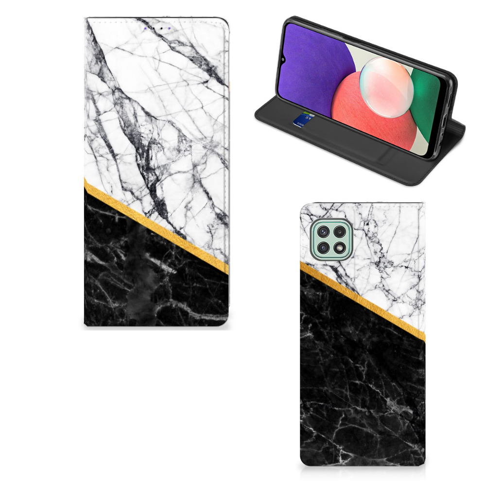 Samsung Galaxy A22 5G Standcase Marmer Wit Zwart - Origineel Cadeau Man - B2C Telecom