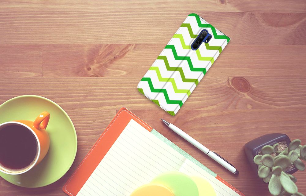 Xiaomi Redmi 9 Hoesje met Magneet Zigzag Groen - B2C Telecom