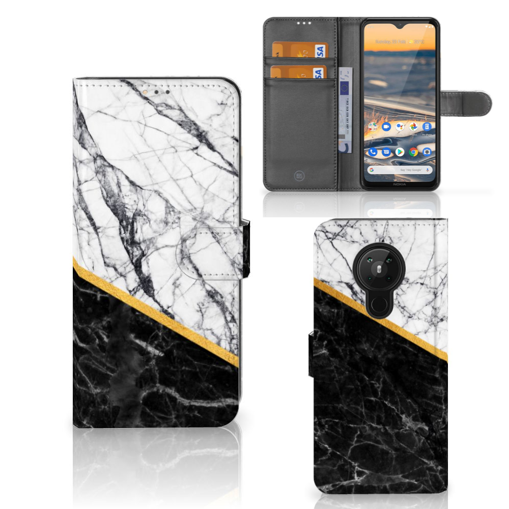 Nokia 5.3 Bookcase Marmer Wit Zwart - Origineel Cadeau Man