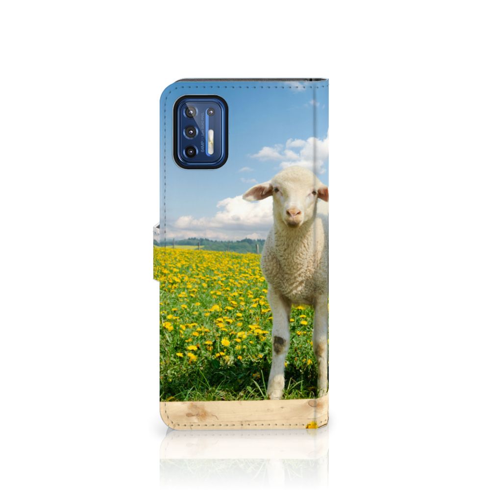 Motorola Moto G9 Plus Telefoonhoesje met Pasjes Schaap en Lammetje