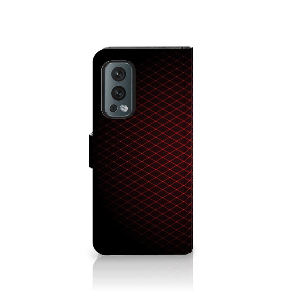 OnePlus Nord 2 5G Telefoon Hoesje Geruit Rood met geometrisch design en ruimte voor 3 pasjes.
