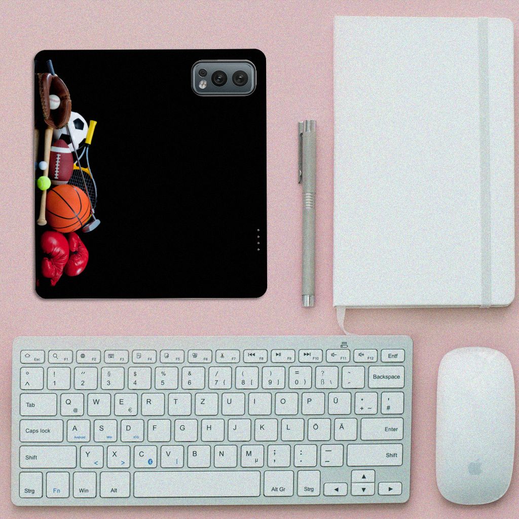 OnePlus Nord 2 5G Hippe Standcase Sports with sports equipment design on a desk setup.