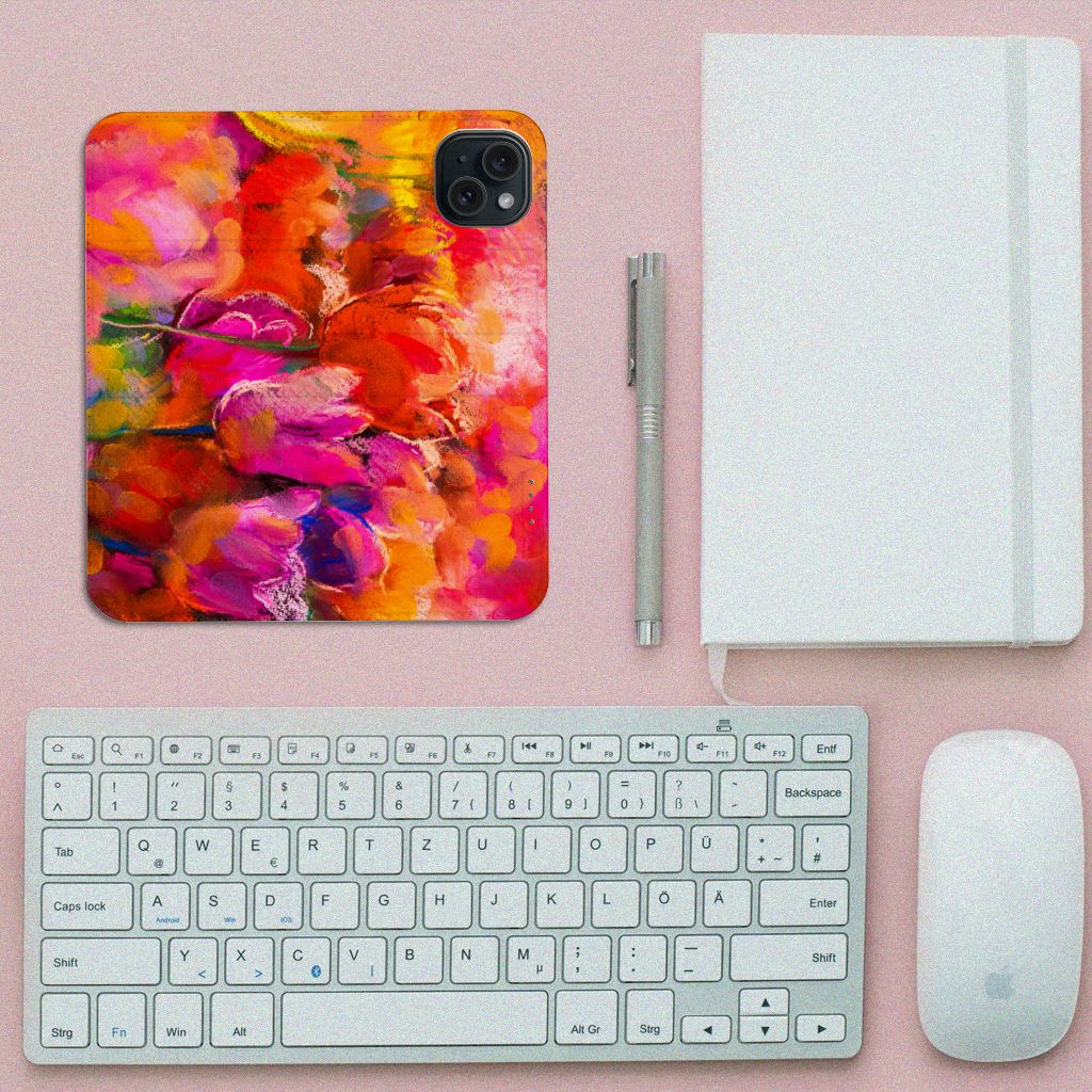 Bookcase iPhone 15 Tulips design featuring vibrant tulips on a colorful background.