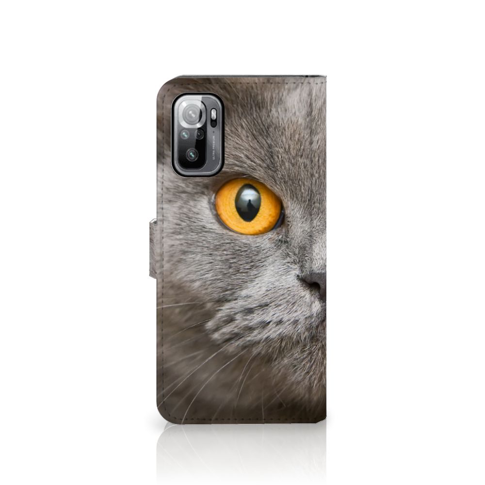 Telefoonhoesje met Pasjes Xiaomi Redmi Note 10/10T 5G | Poco M3 Pro Britse Korthaar met kat gezicht en gele ogen.