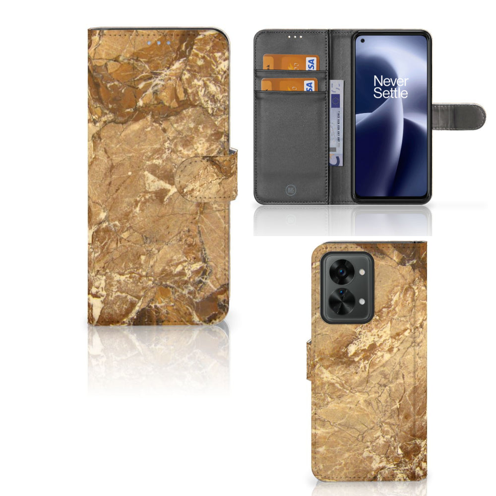 OnePlus Nord 2T Bookcase Marmer Creme met luxe marmerdesign en ruimte voor pasjes