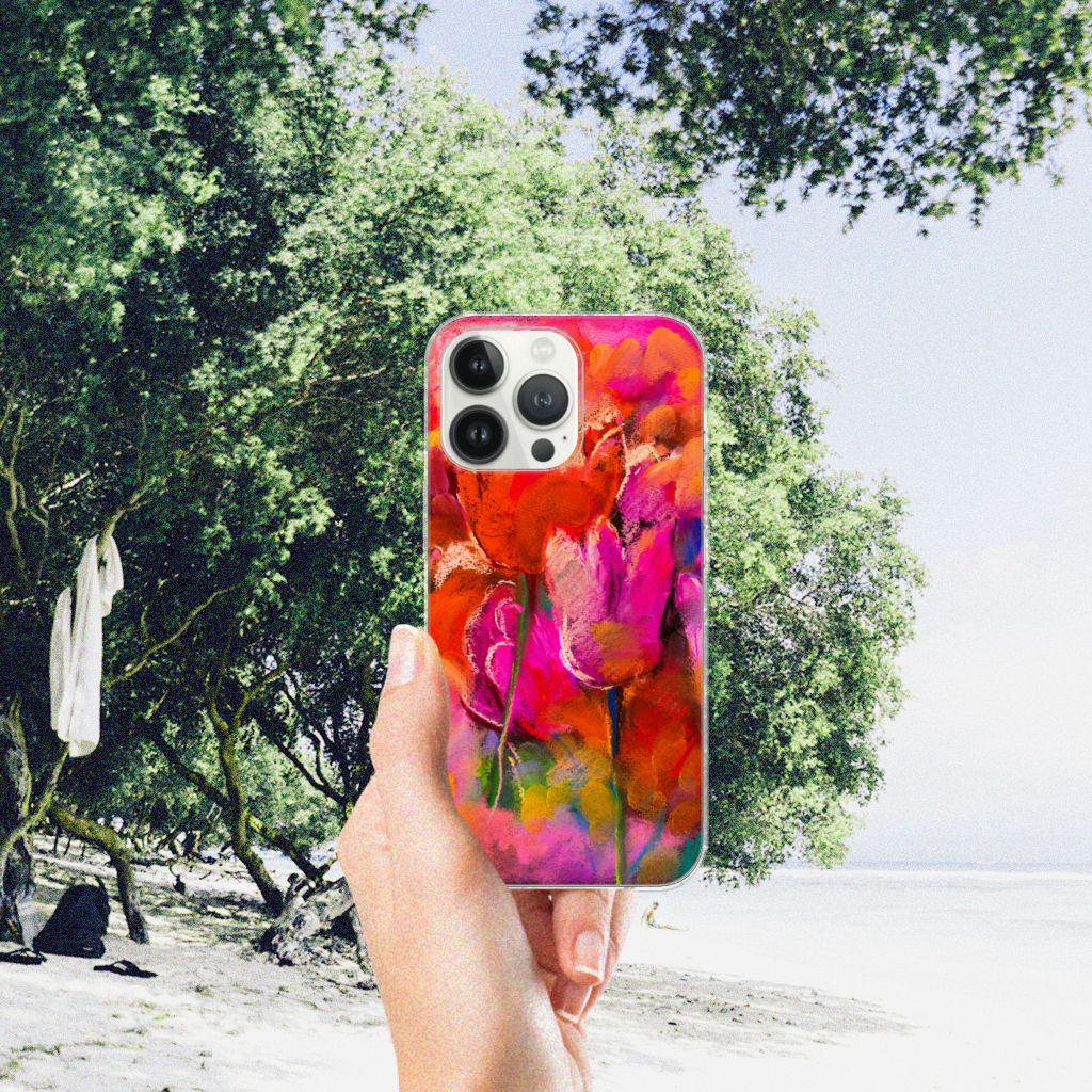 Hoesje maken iPhone 13 Pro Max Tulips met kleurrijke tulpenprint op een strand achtergrond.