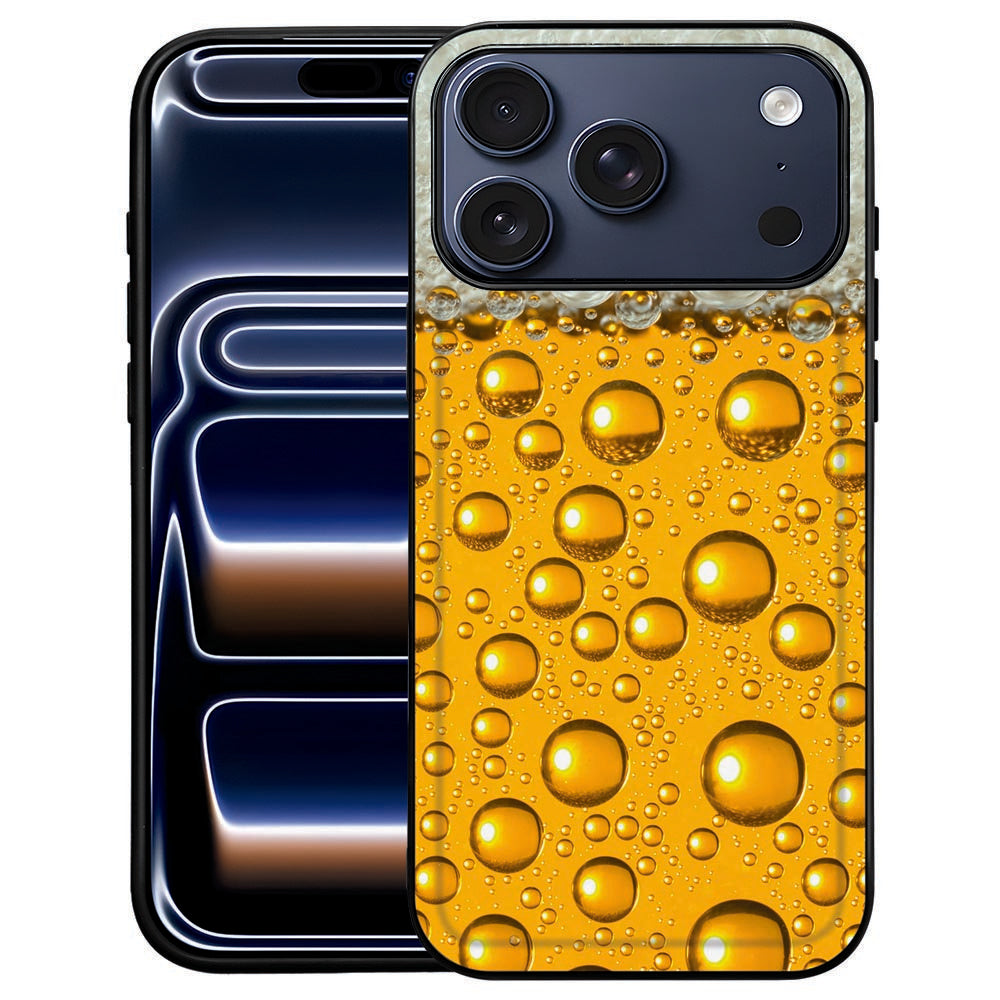 Bier iPhone 18 Pro Max hoesje met goudgele bierprint en witte schuimkraag op kunstleer