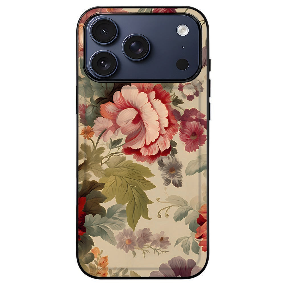 iPhone 18 Pro Max in het Bloemen hoesje, bloemenprint omlijst door de zwarte rand