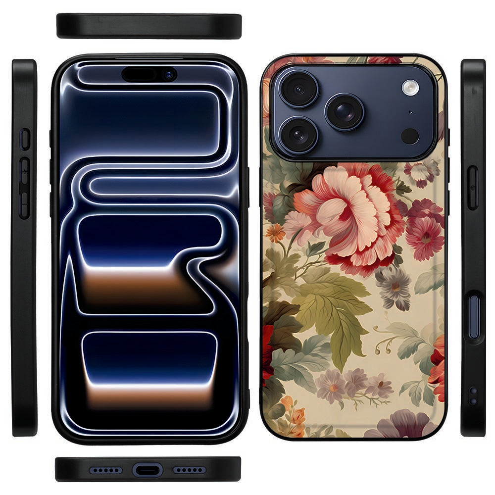 Zijaanzicht van de Bloemen back cover voor iPhone 18 Pro Max met zwarte TPU-rand