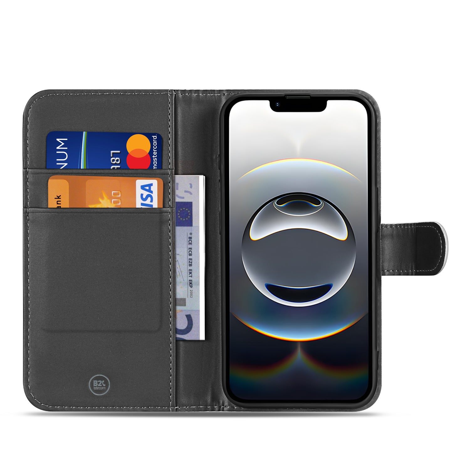 iPhone 16e Book Case – PU Leer met pasjesvak en smartphone zichtbaar