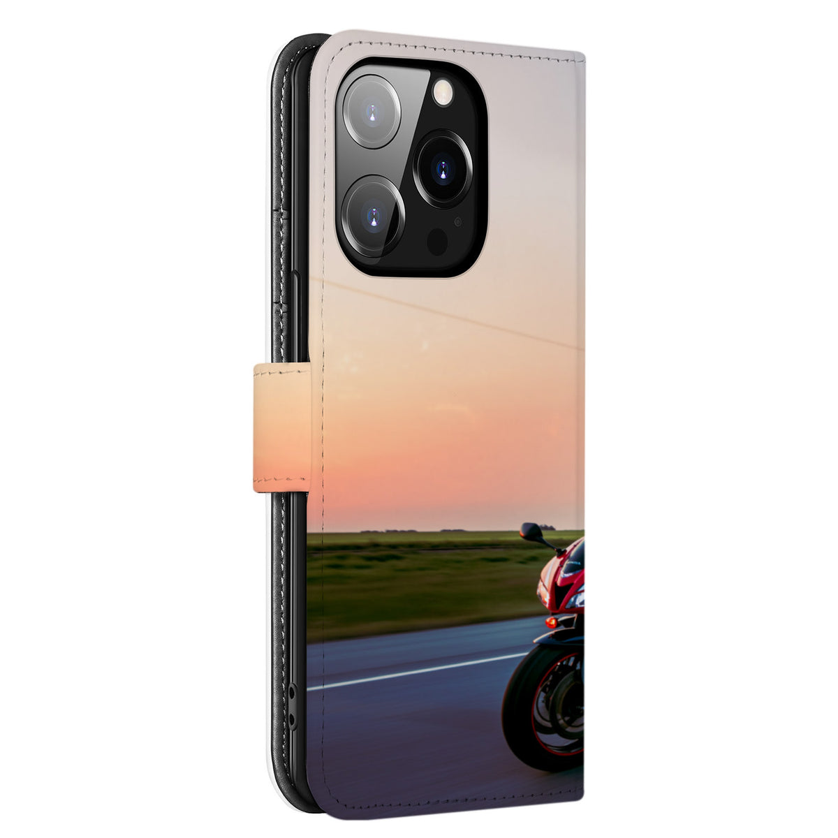 Achterkant van de iPhone 14 Pro Max bookcase met avondlucht, weg en de grote camera-uitsparing linksboven