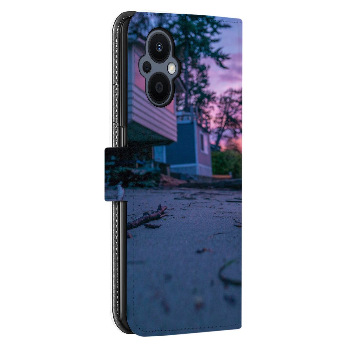 Strand onder paarse avondlucht als voorbeeldontwerp op de achterzijde met camera-uitsparing van een OPPO Reno8 Lite bookcase