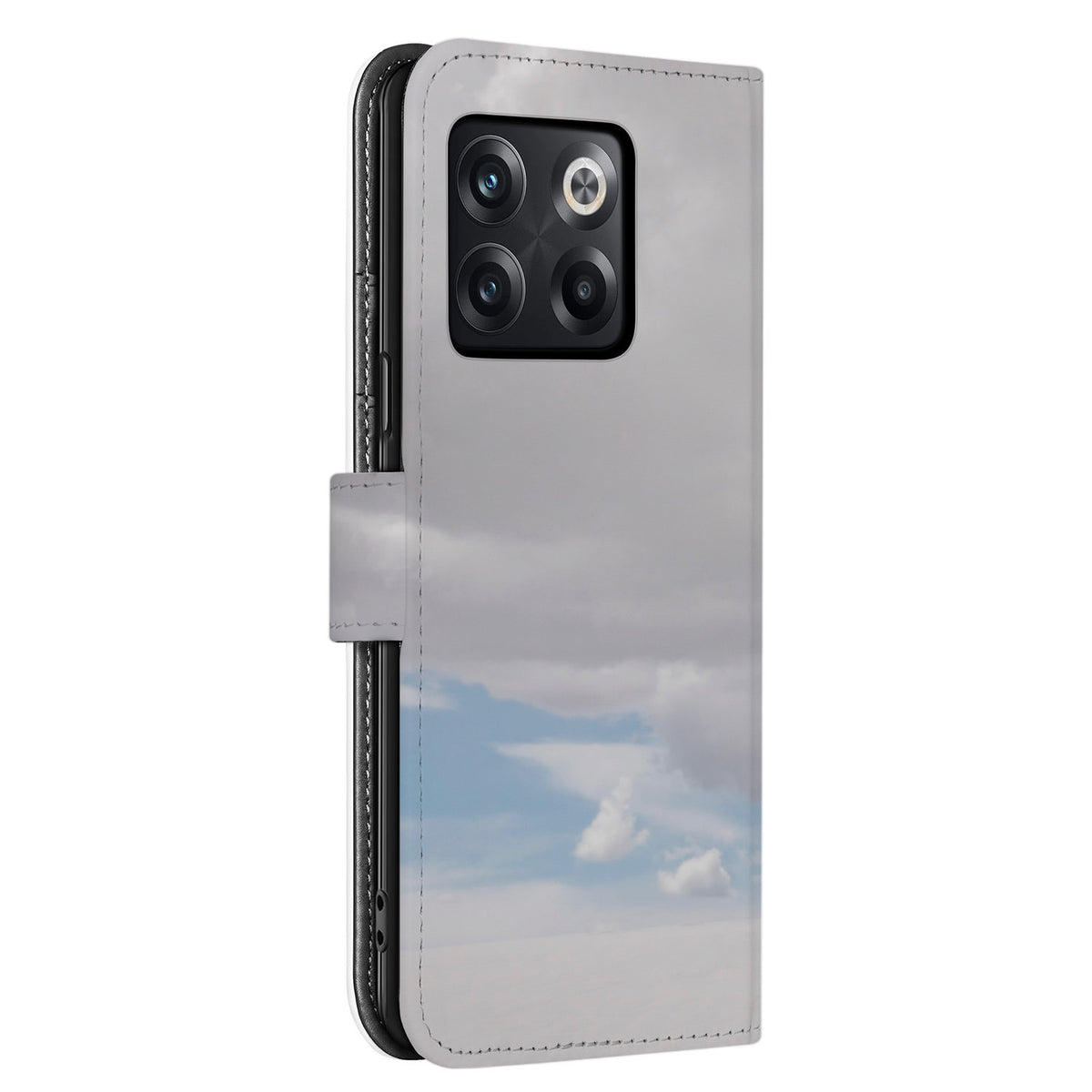 Camera-uitsparing met cameramodule op de achterzijde van de OnePlus 10T bookcase, voorbeeldontwerp met lichte wolkenlucht