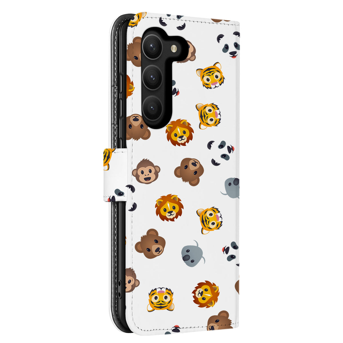 Achterzijde van de Galaxy S23 bookcase met dierenkopjes en de uitsparing linksboven voor de lenzen
