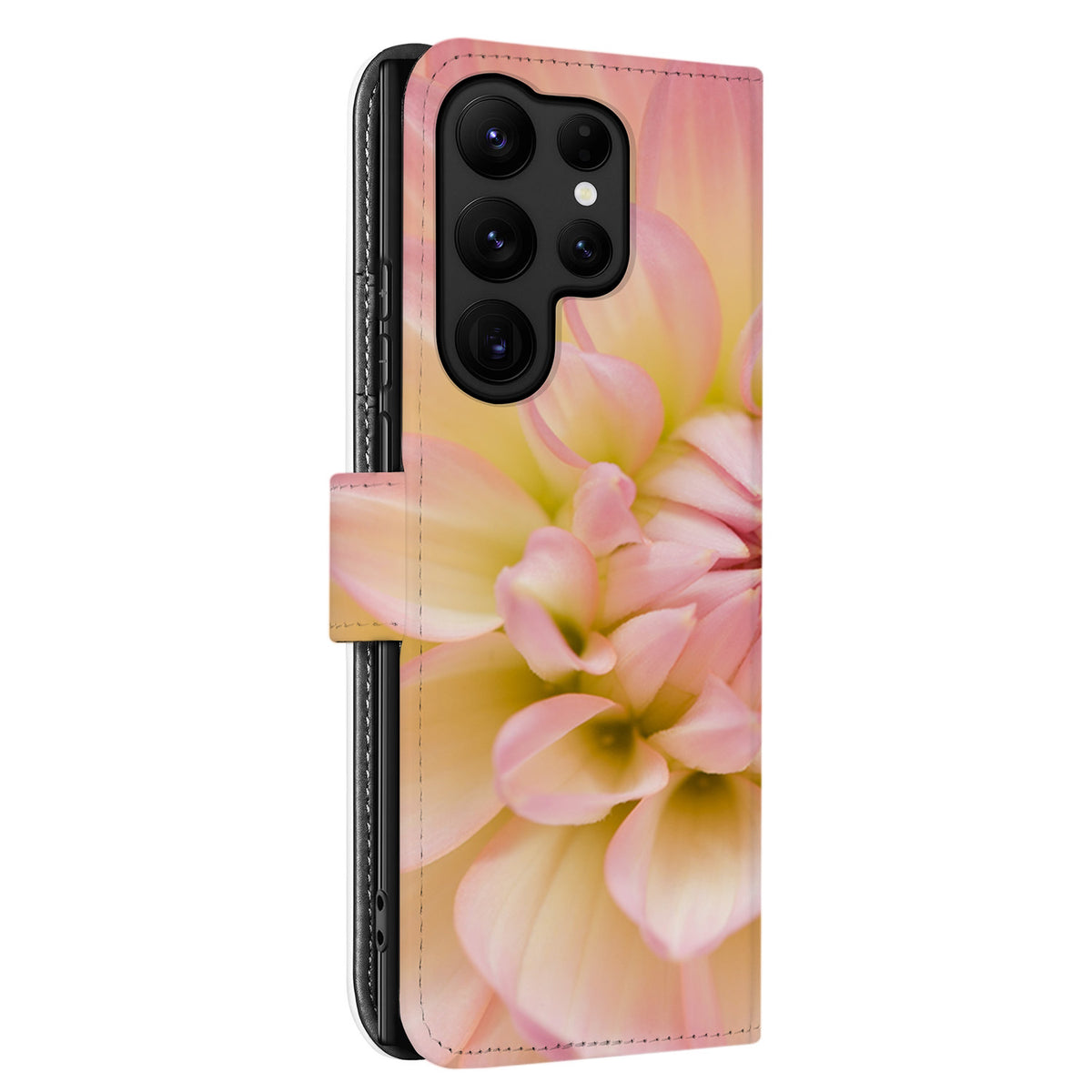 Achterkant van de Galaxy S23 Ultra bookcase met de dahliafoto en de uitsparing voor de cameralenzen