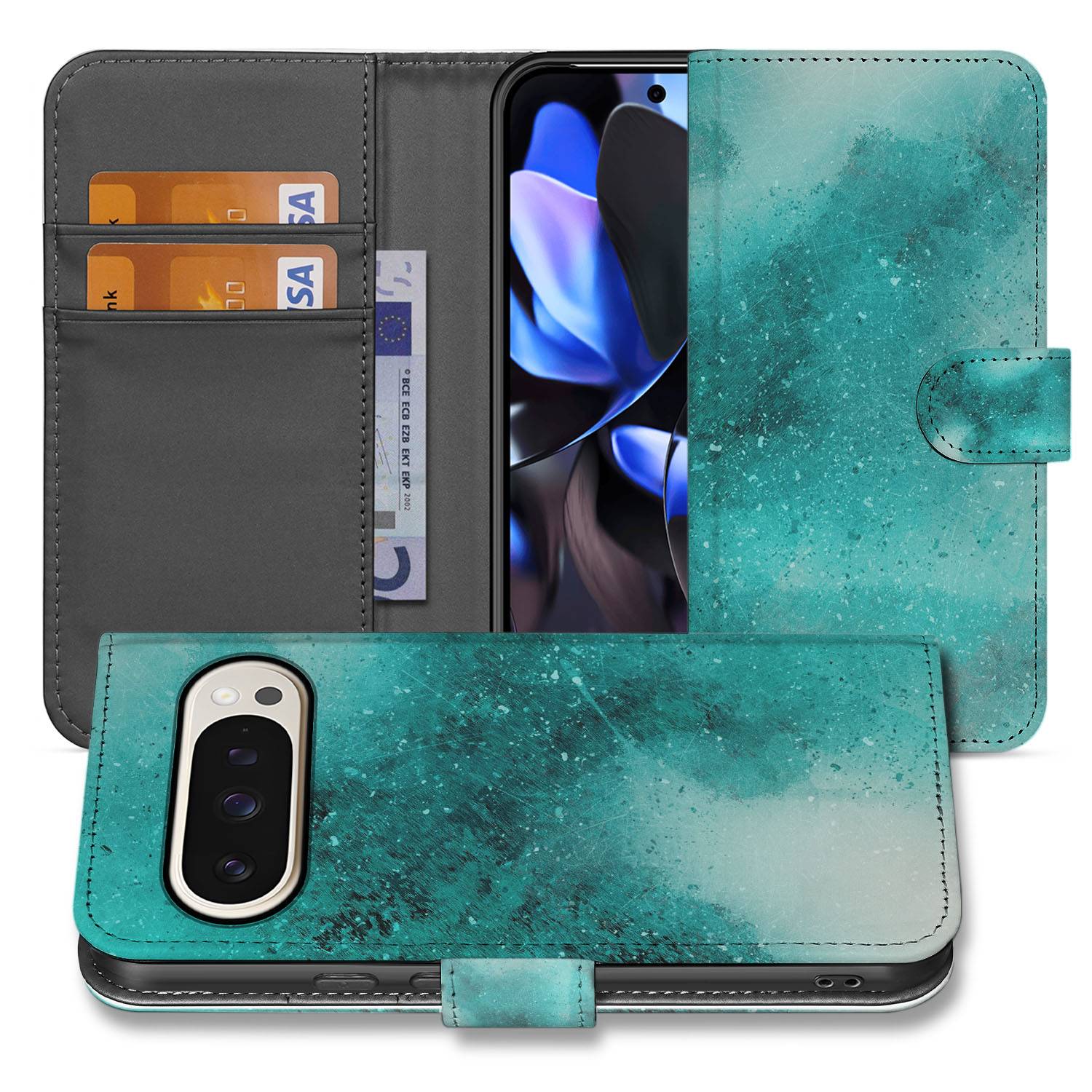 Google Pixel 10 Pro Bookcase Hoesje Painting Blue voorzijde achterzijde design