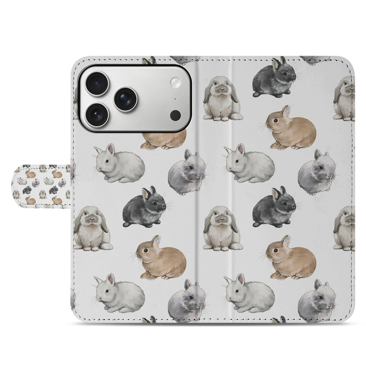 Voorkant van het gesloten iPhone 18 Pro bookcase hoesje Konijntjes in wit, bruin en grijs