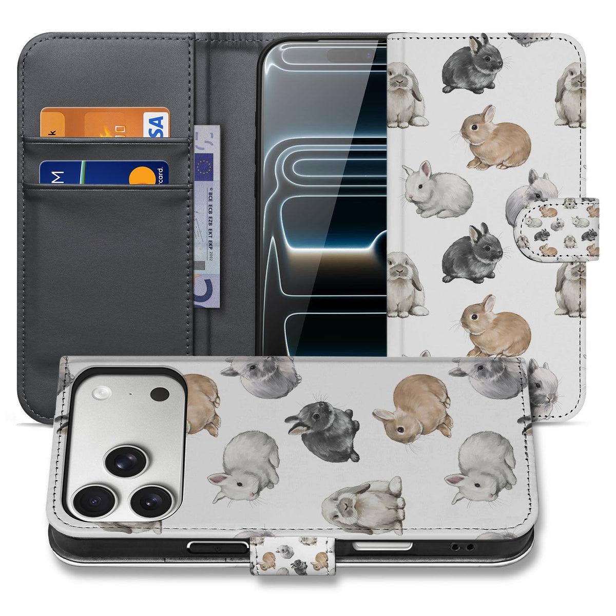 Bookcase hoesje Konijntjes voor de iPhone 18 Pro, overzicht open en dicht