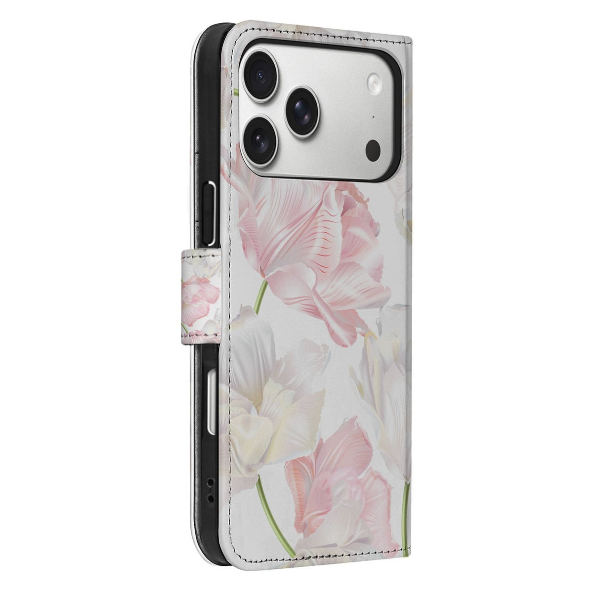 Zijaanzicht van het gesloten Lovely Flowers hoesje voor iPhone 18 Pro Max met sluitlip