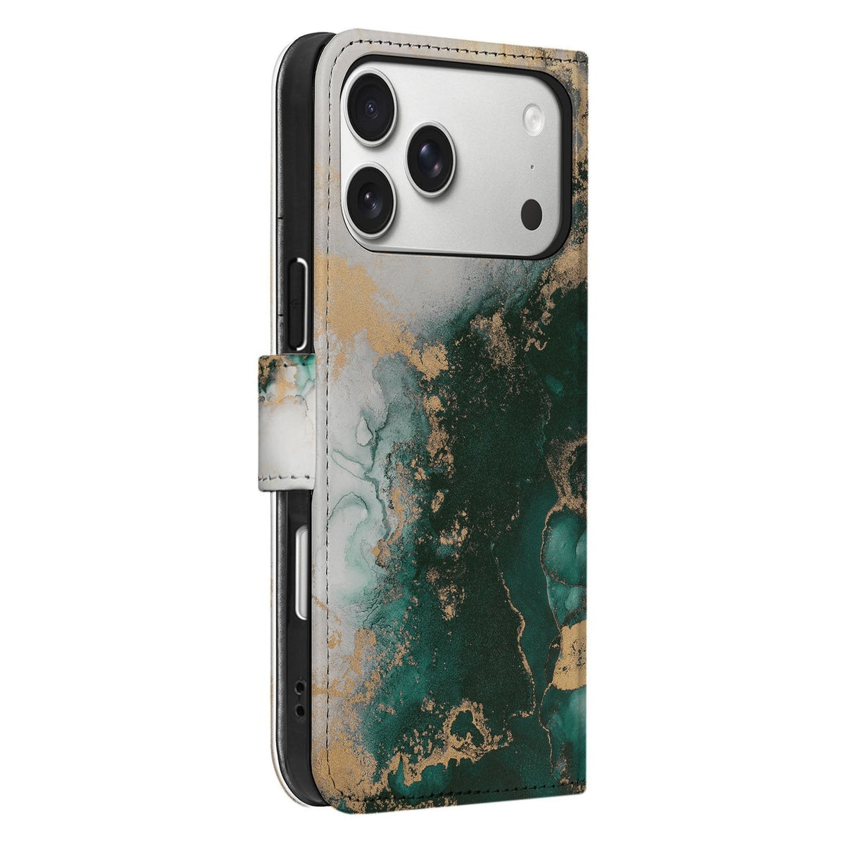Zijaanzicht waarop het Marmer Groen-patroon over de rug loopt, iPhone 18 Pro Max hoesje