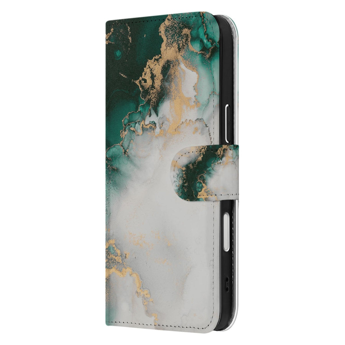 Zijkant met stiknaad en sluitlip van het Marmer Groen hoesje voor iPhone 18 Pro Max