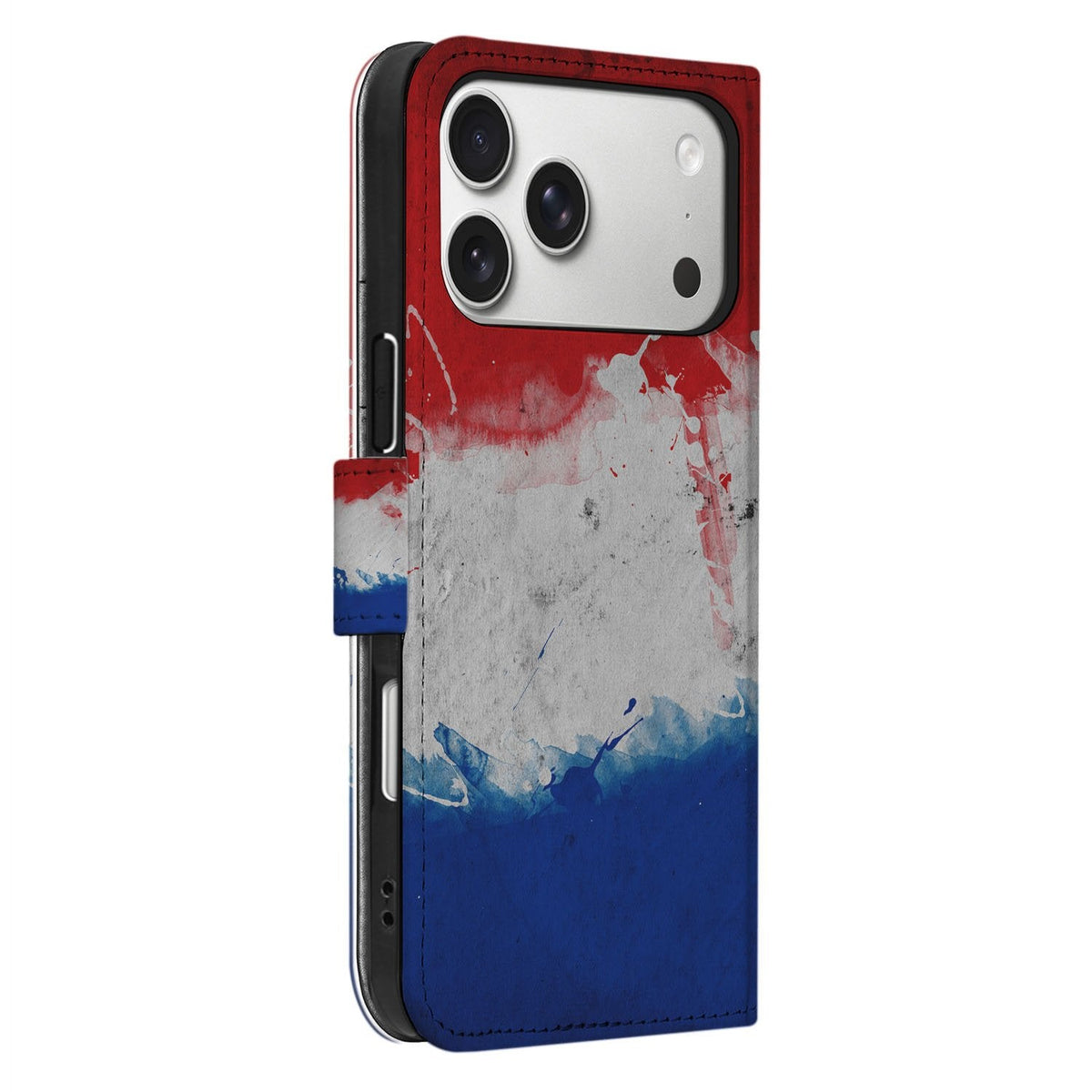 Van opzij bekeken: Nederland klaphoesje iPhone 18 Pro Max met rood, wit en blauw tot op de rug