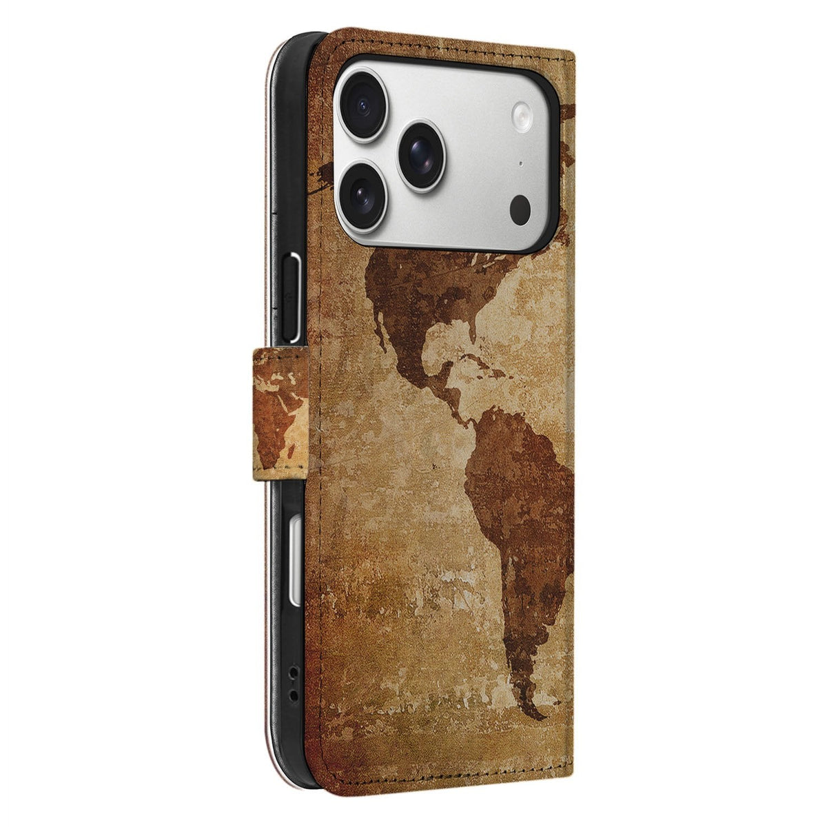 Het Wereldkaart-hoesje met iPhone 18 Pro Max in zijaanzicht, kunstleer en houder zichtbaar