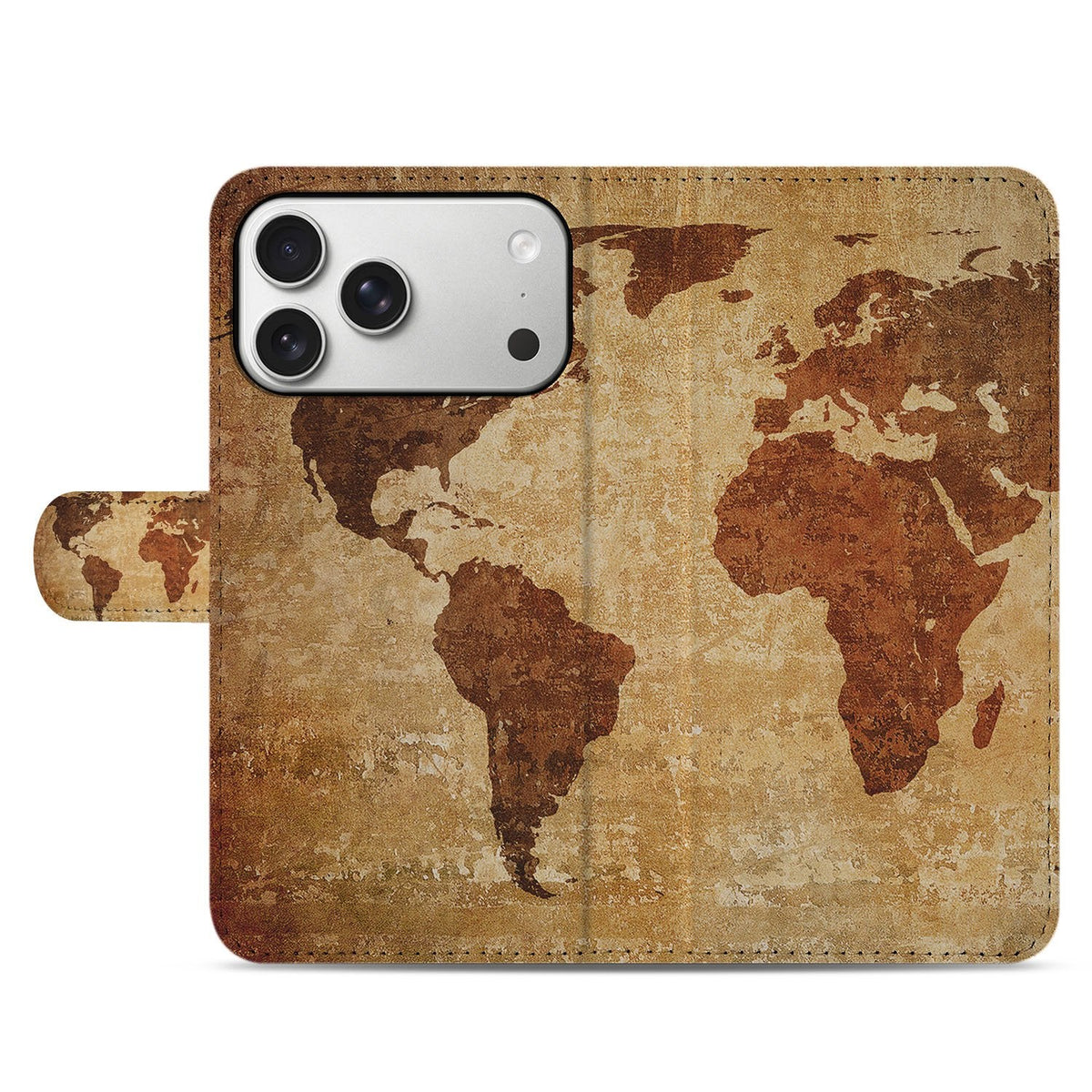 Gesloten Bookcase hoesje voor de iPhone 18 Pro Max met de Wereldkaart in geel en bruin op de voorflap
