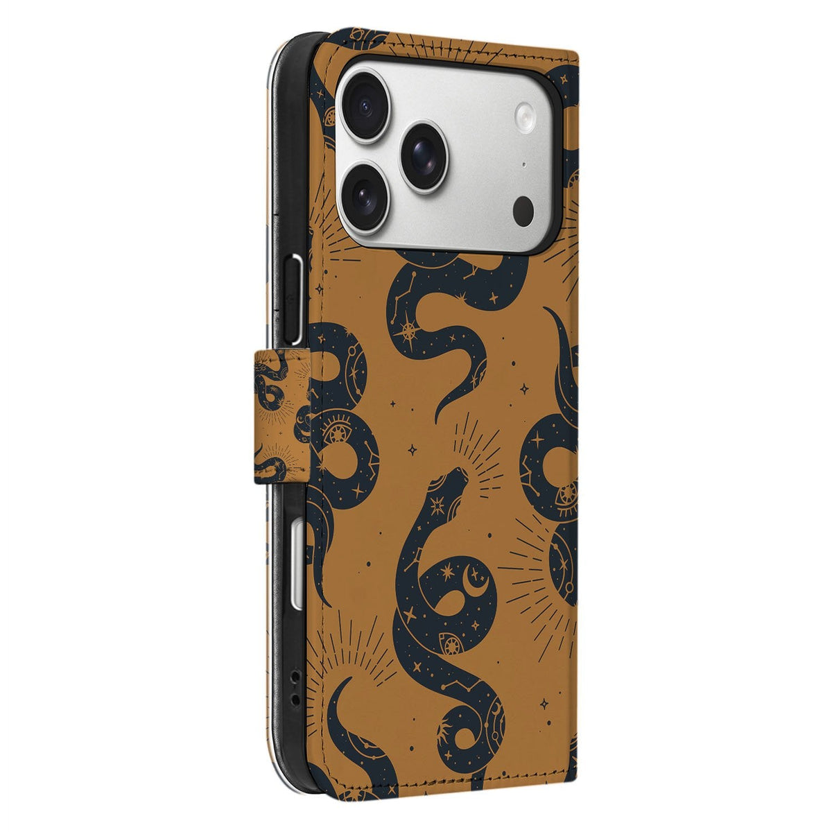 Zijaanzicht van het dichte Snakes bookcase hoesje voor iPhone 18 Pro
