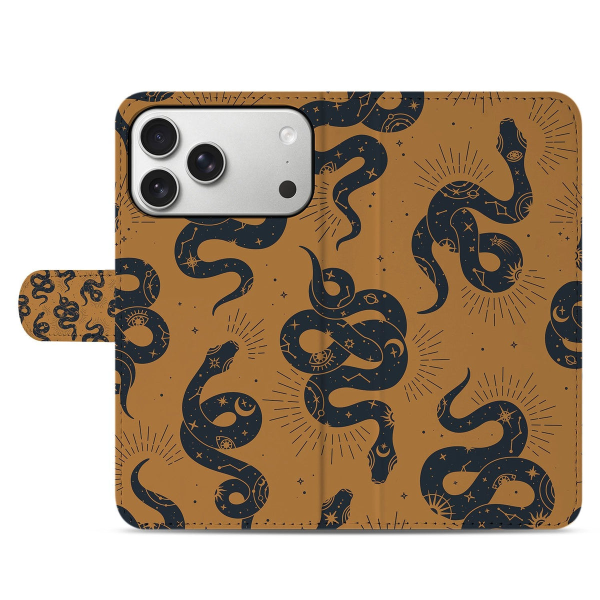 Gesloten voorkant van het iPhone 18 Pro bookcase hoesje Snakes in bruin en zwart