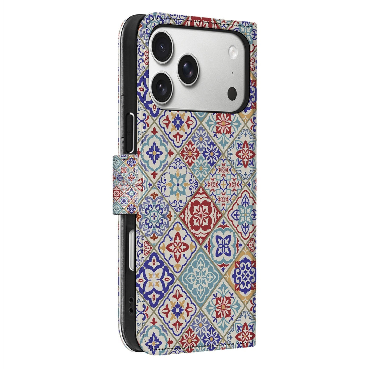 Zijaanzicht van de iPhone 18 Pro bookcase Tiles Color met kunstleren klep en zwarte houder