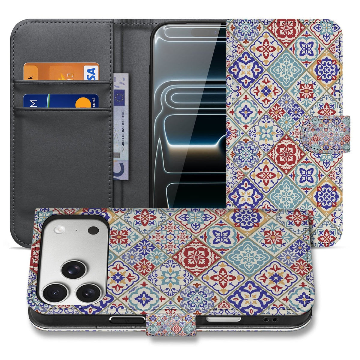 Bookcase hoesje iPhone 18 Pro Tiles Color open en dicht naast elkaar met het tegelmozaïek
