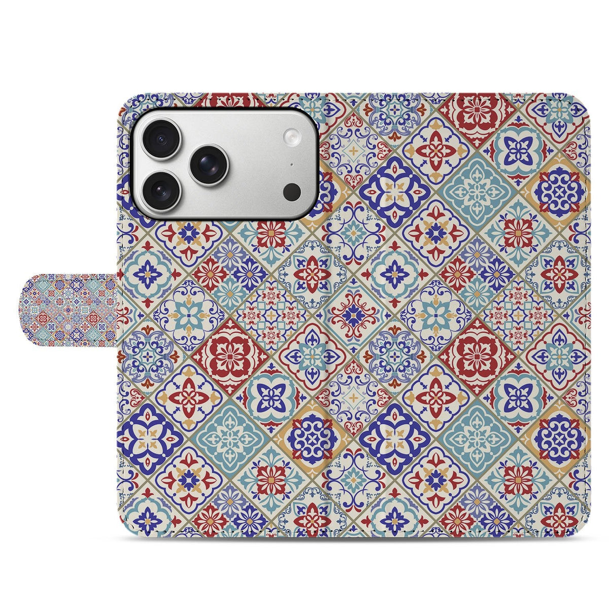Gesloten voorkant van het Tiles Color bookcase hoesje voor de iPhone 18 Pro met gekleurde tegels