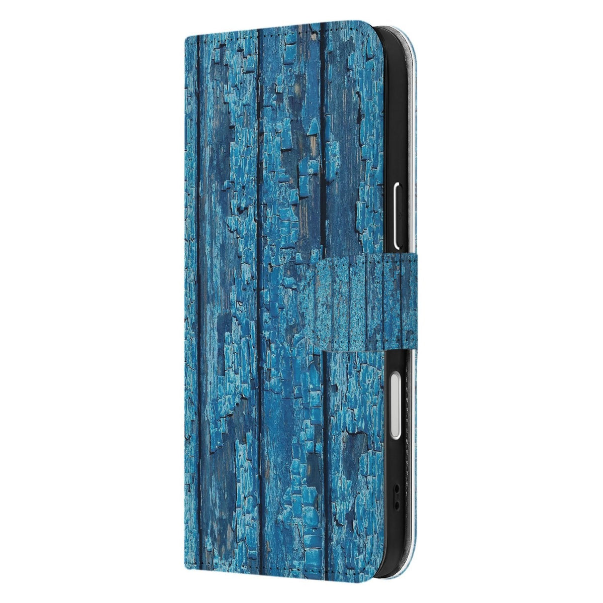 Zijkant van de Wood Blue bookcase voor iPhone 18 Pro met magnetische sluitlip