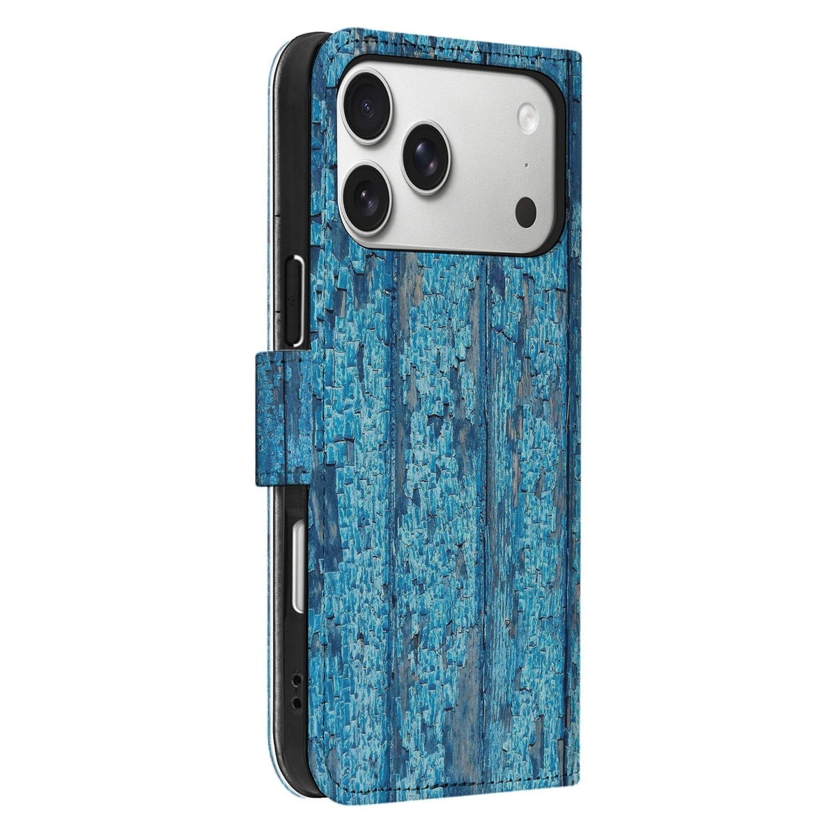 Zijaanzicht van het iPhone 18 Pro klaphoesje Wood Blue, klep dicht