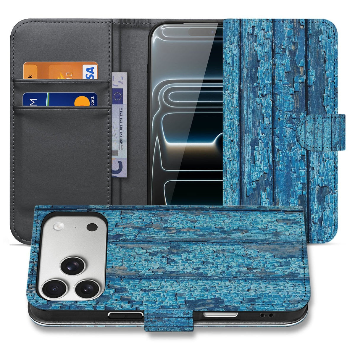 Bookcase hoesje iPhone 18 Pro Wood Blue met blauw houtmotief, open en dicht