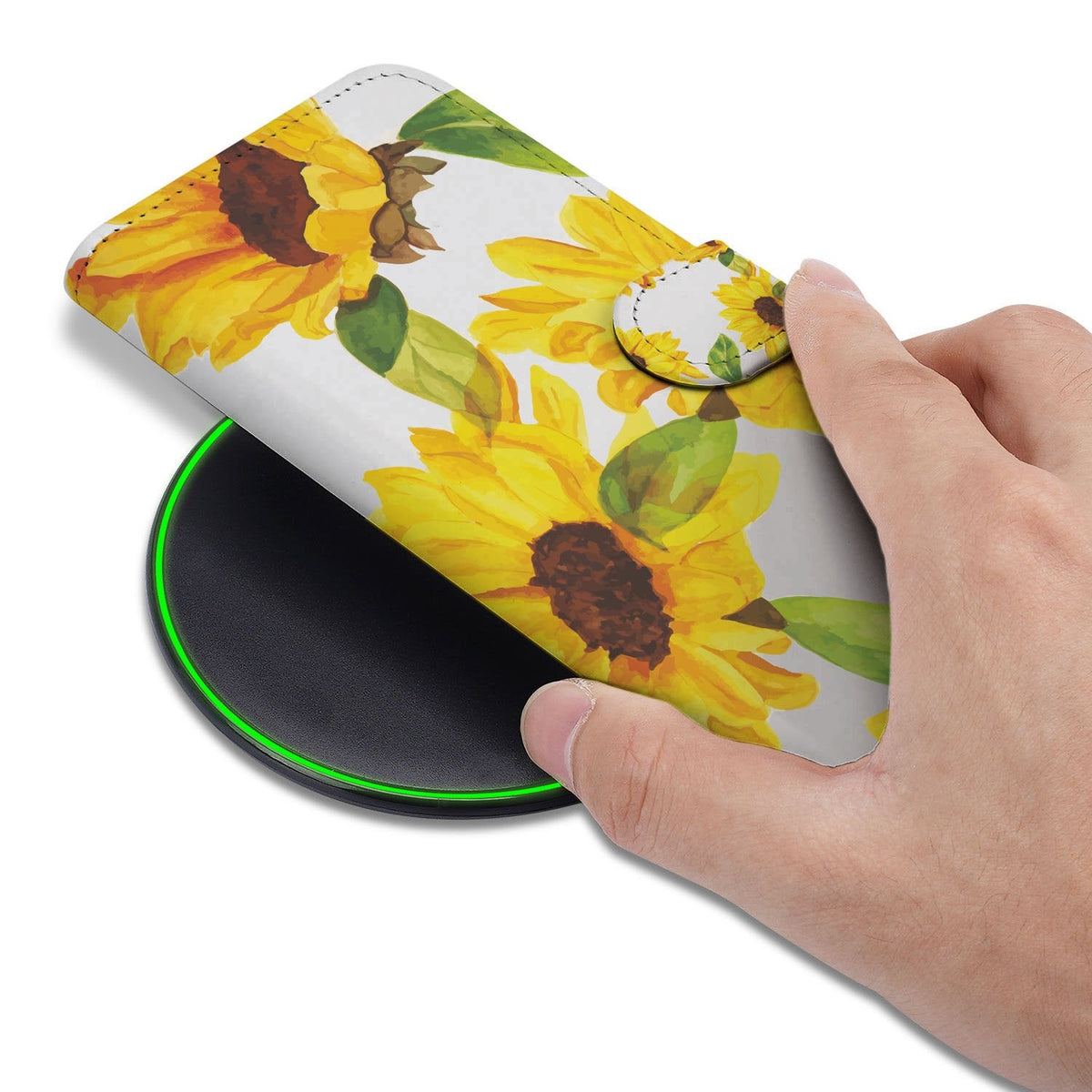 Zonnebloemen Bookcase hoesje voor iPhone 18 Pro in de hand, klep gesloten