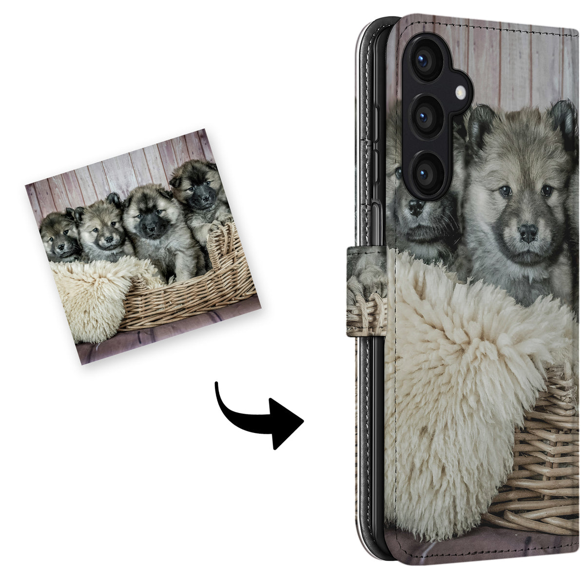 Dezelfde pupsfoto met een pijl naar de achterkant van de A15 bookcase, met uitsparing voor drie lenzen