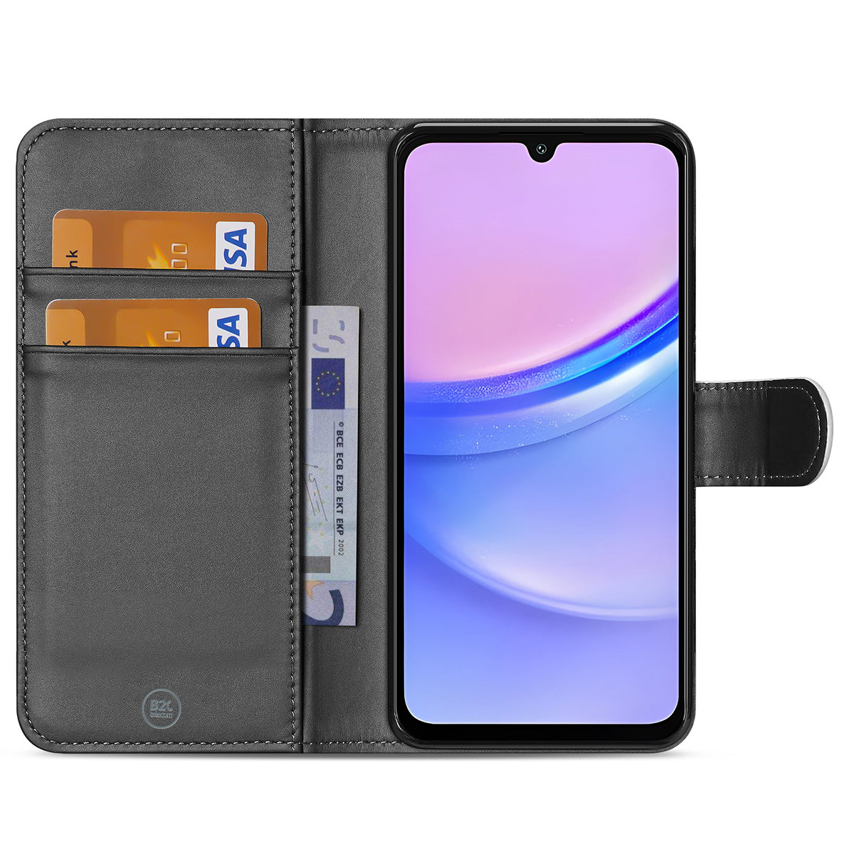 Galaxy A15 in de houder van de open bookcase, met bankpassen en een bankbiljet in de klep