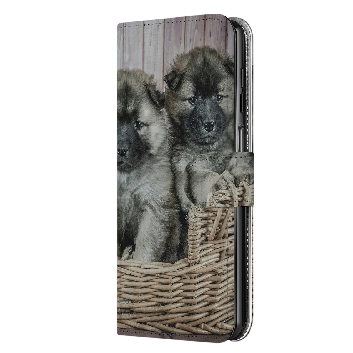 Gesloten voorkant van de Samsung A15 bookcase met foto: pluizige pups in een rieten mand