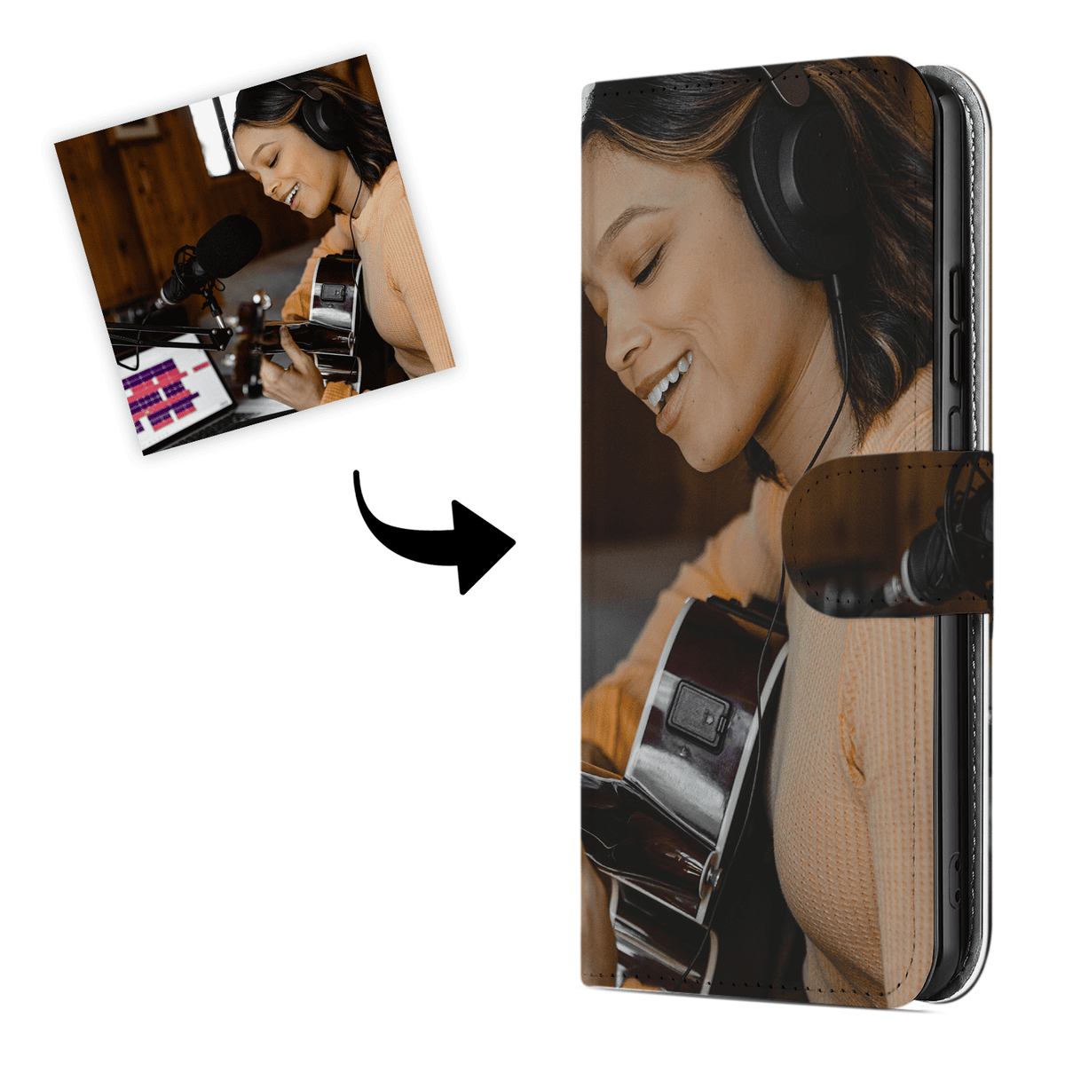 Studiofoto van een gitariste, met een pijl naar de dichte voorkant van de Galaxy A25 bookcase