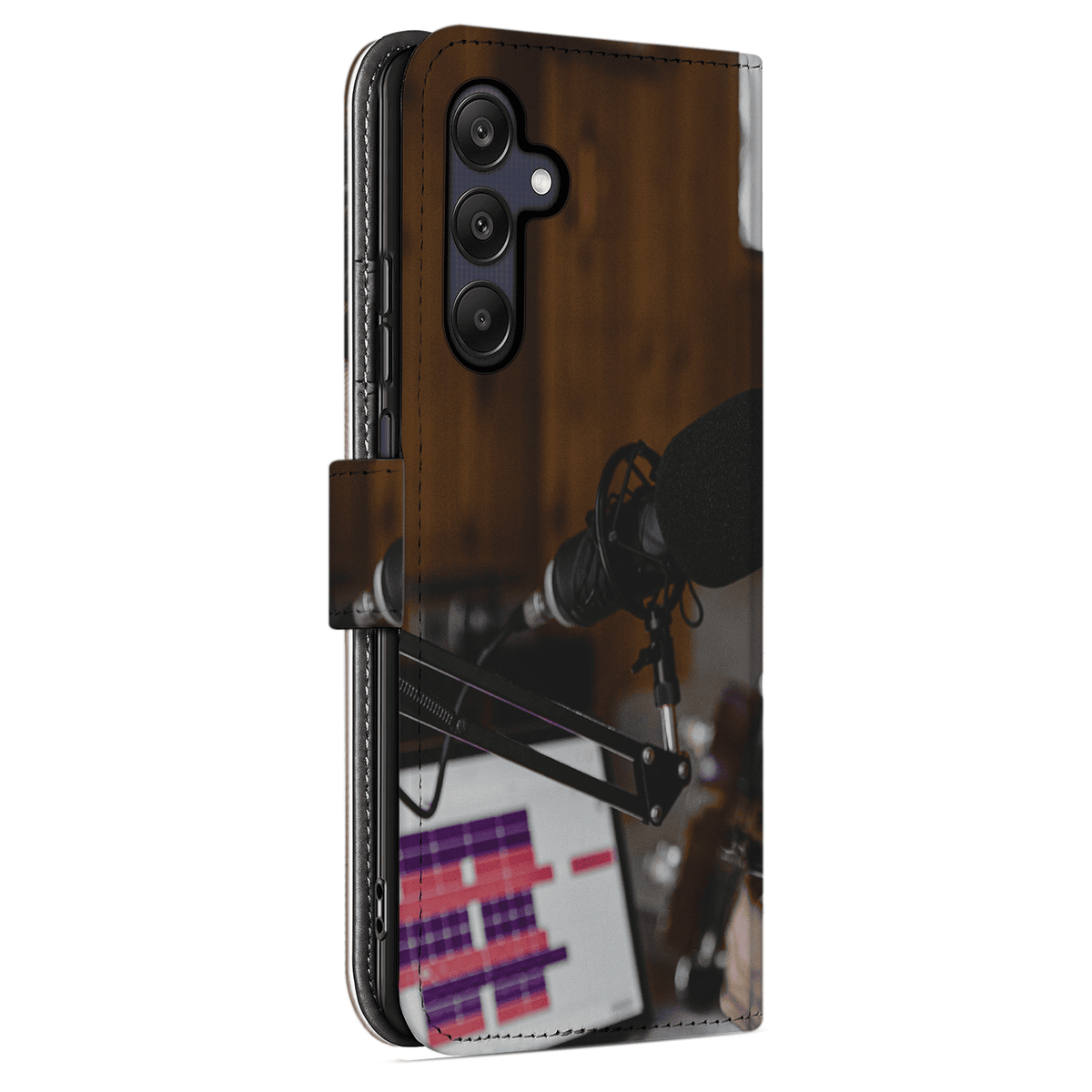 Achterkant van de Galaxy A25 bookcase schuin gezien, met mengpaneel, camera-uitsparing en sluitlipje