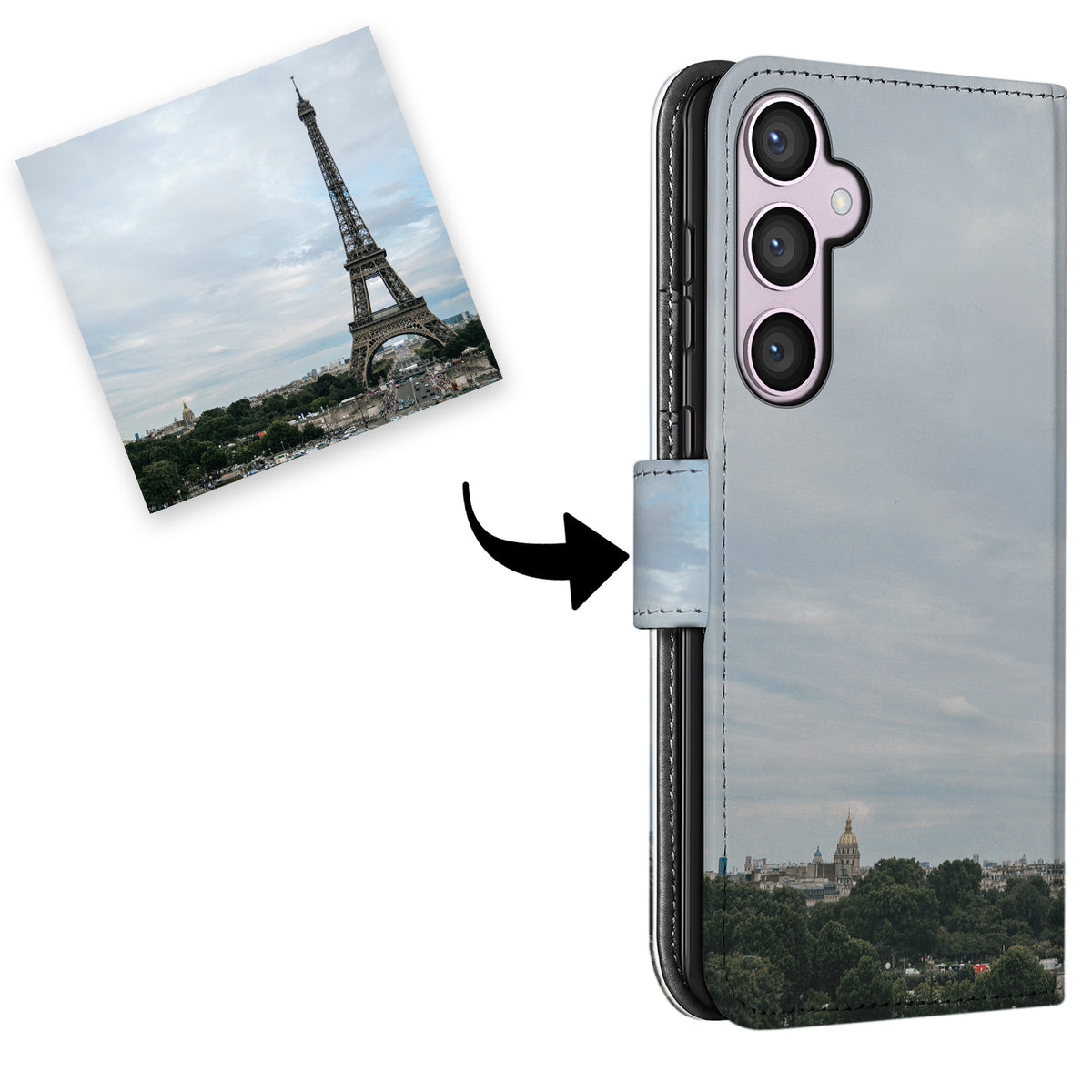 Dezelfde reisfoto met een pijl naar de achterkant van de Galaxy S24 Plus bookcase, met camera-uitsparing voor drie lenzen