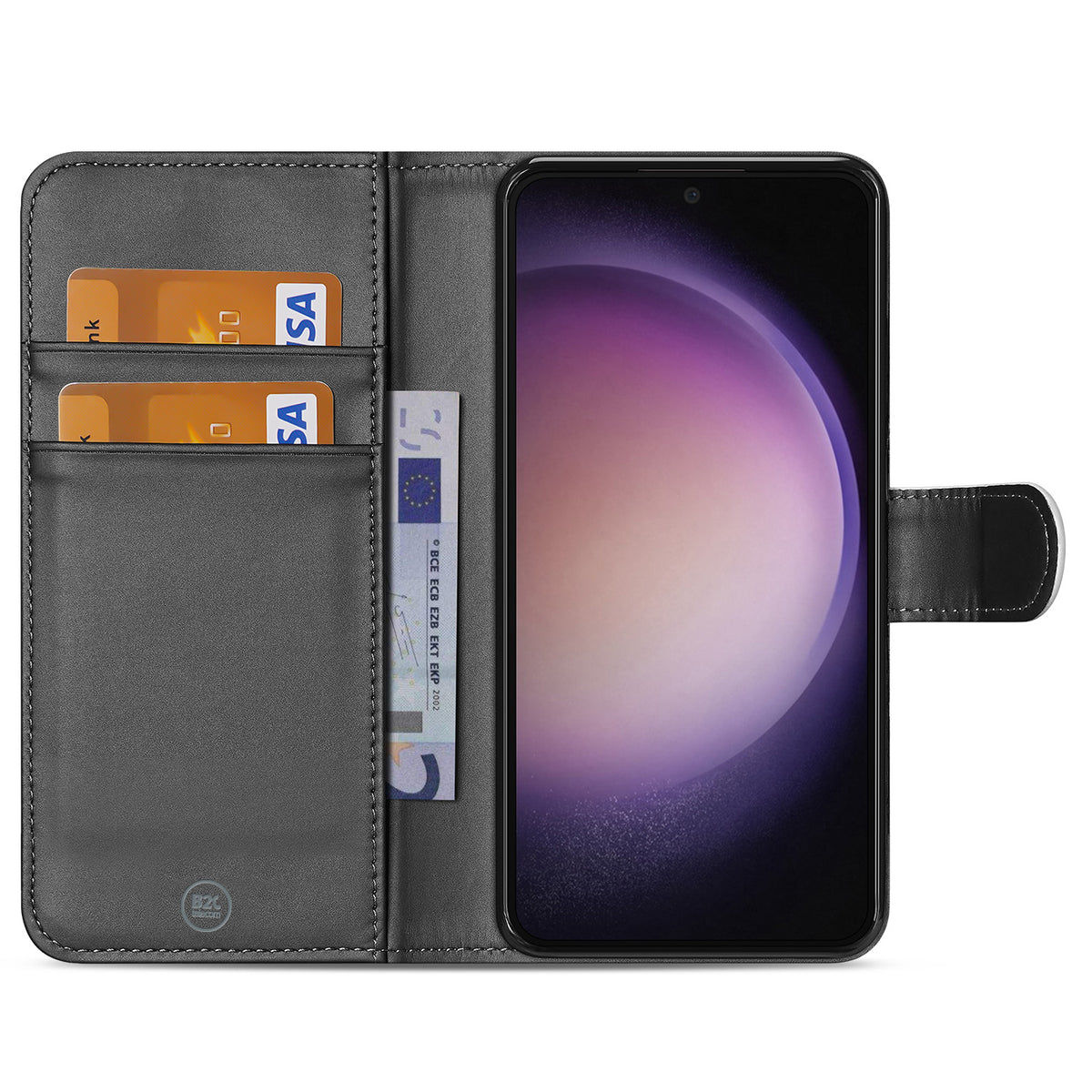 Opengeklapte Galaxy S24 Plus bookcase met bankpassen en een bankbiljet in de klep en het toestel in de houder